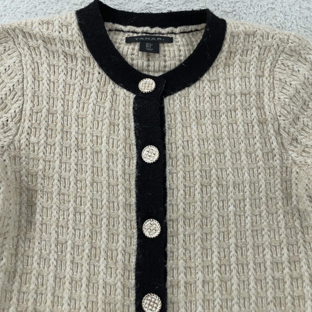 Tahari Sweater Women's Small‎ Beige Black Cardigan Button Front Contrast Trim